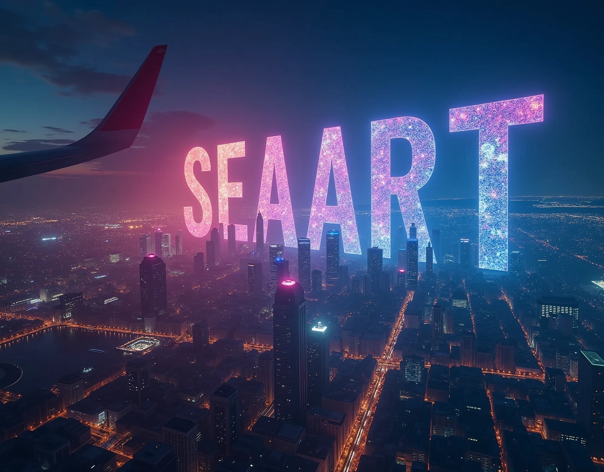 Landscape Photography,Shot from an airplane,(Future City:2.0),(With rainbow holographic colors"Projecting the words 'Seaart infinity' onto the night sky:2.0),(masterpiece:1.2,Highest quality,Ultra-high resolution,Very detailed,8k,Realistic,Best aesthetics),beautiful,(dynamic)