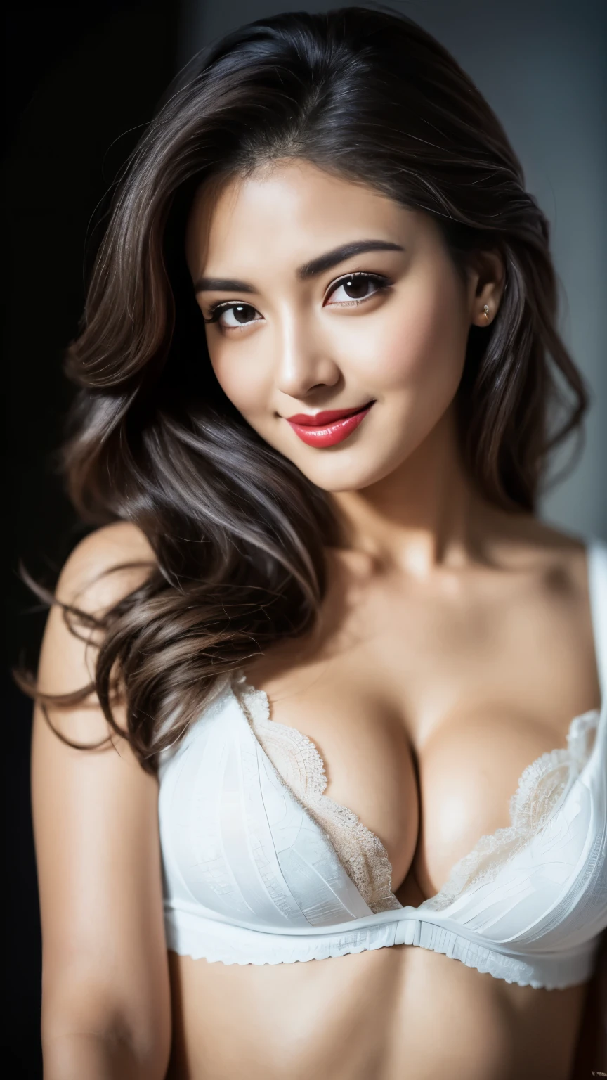 White bra, highest quality, Realistic, Very detailed, In detail, High resolution, 8k wallpaper, One beautiful woman,, Light brown messy hair, g-string, Sharp focus, Perfect dynamic composition, Beautiful fine details, Fine hair, Detailed and realistic skin texture, smile, Close-up portrait, Model Body Type, red lipstick, sensual Lipstick , halbody, girl in centre