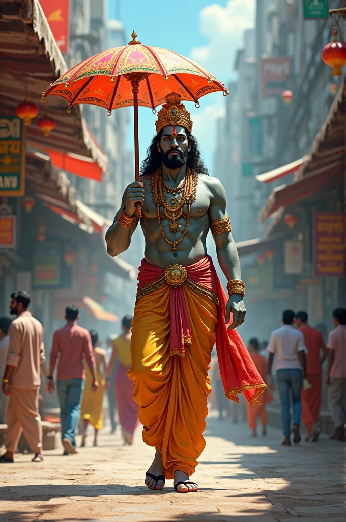 Imagine Vishnu  Ji, the revered Hindu deity, strolling down a bustling road. He holds a colorful umbrella in his hand, which contrasts with his traditional attire and the lively urban backdrop. The scene blends the divine with the everyday, showcasing Vishnu  Ji's serene presence amidst the modern world."
 

 