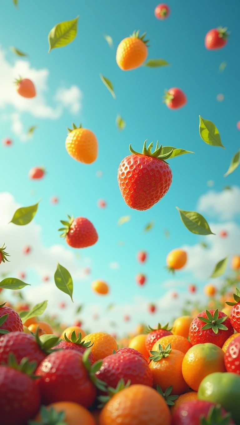 Lot of fruits falling from the sky
