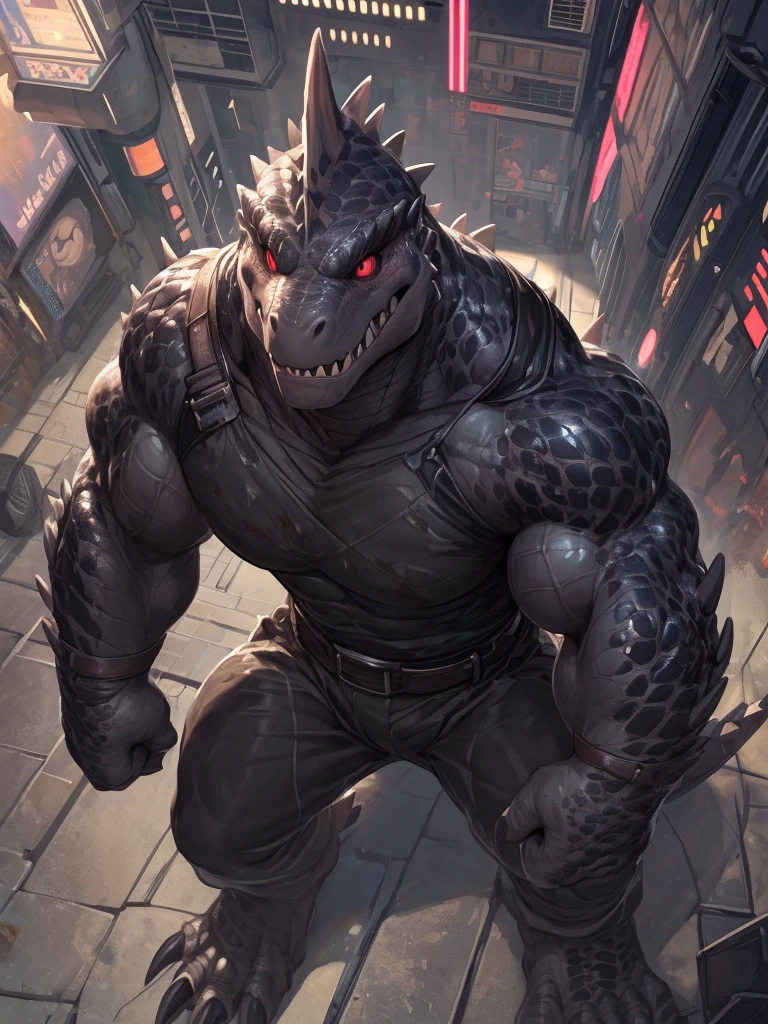 solo, anthro, furry male, T-Rex, (Spiny scales, scales, detailed muscles), (T-Rex print), black scales, white belly, spiny scales, standing up, bodyguard outfit, black claws, red eyes, slit eyes, slim fit, muscular slim, cracking knuckles, cyber street, street, crazed look, menacing, raging, angry, detailed eyes, pecs, tail, long tail, looking away, (Masterpiece, by null-ghost, hi-res, 8k), tight black shirt, black camo pants, face sideways, leaning forward, oil stain, black military outfit, seen from above, upward pov,