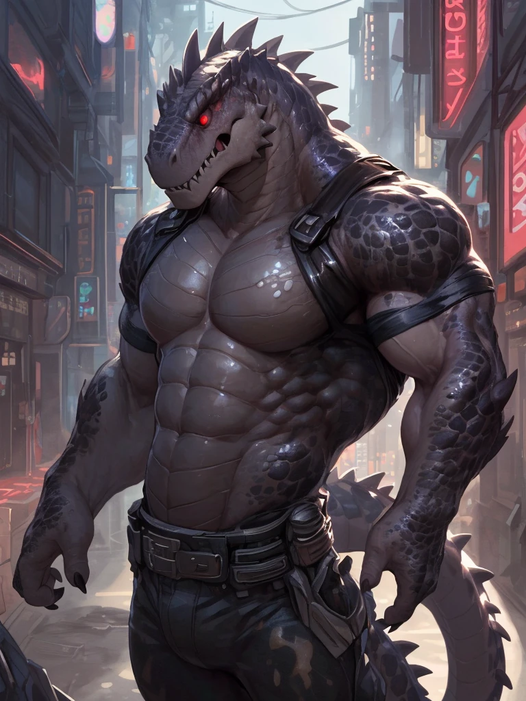 solo, anthro, furry male, T-Rex, (Spiny scales, scales, detailed muscles), (T-Rex print), black scales, white belly, spiny scales, standing up, bodyguard outfit, black claws, red eyes, slit eyes, slim fit, muscular slim, cracking knuckles, cyber street, street, crazed look, menacing, raging, angry, detailed eyes, pecs, tail, long tail, looking away, (Masterpiece, by null-ghost, hi-res, 8k), tight black shirt, black camo pants, face sideways, leaning forward, oil stain, black military outfit, seen from above, upward pov,
