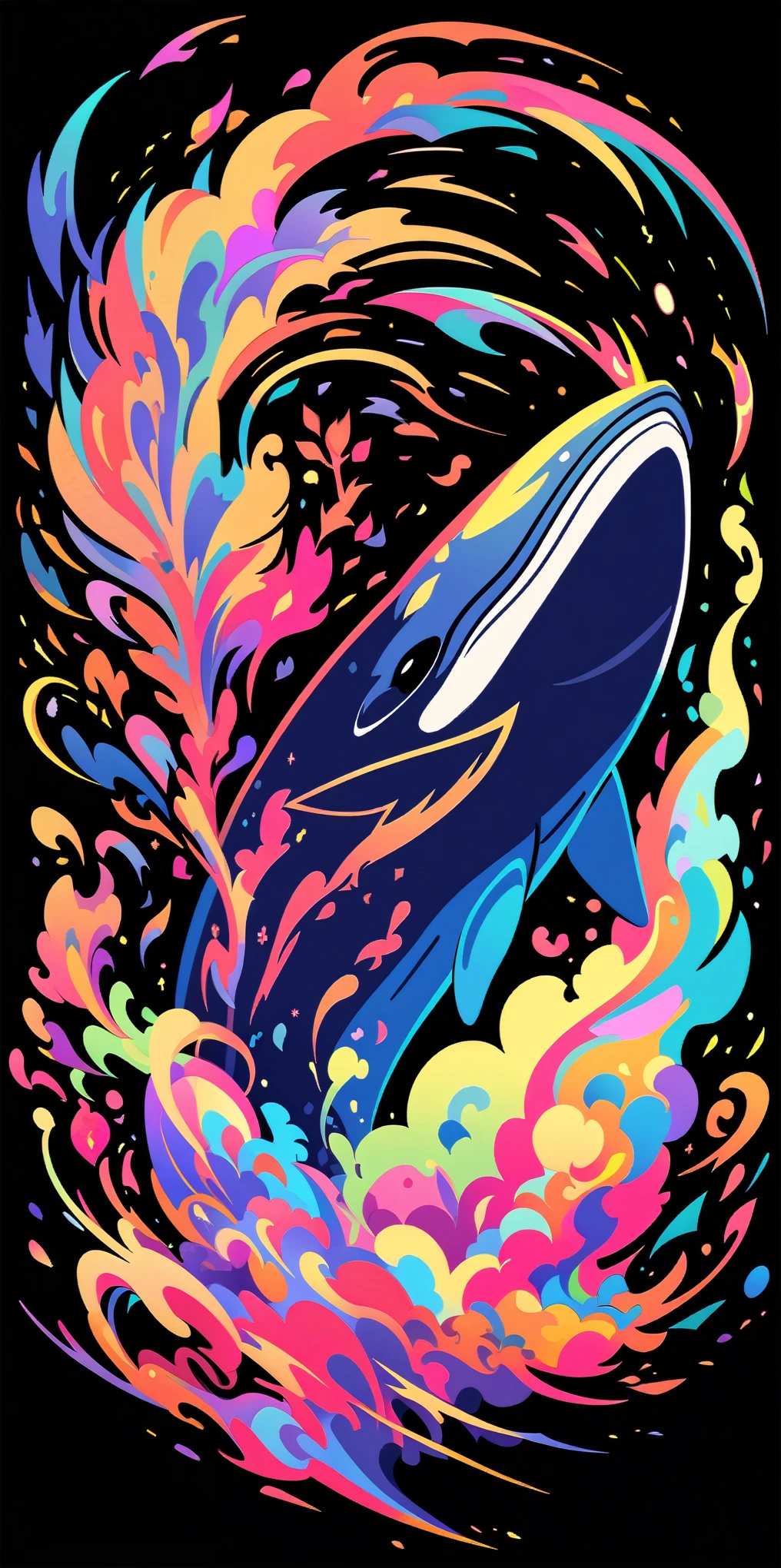 A colorful neon rainbow smoke of a whale on the fire, an ethereal flame from whale, vibrant colors, in the style of vector art, isolated on a black background with no shadows in the anime. --s 800 --style raw --niji 6