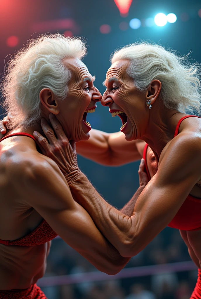 two old grannies fighting on wwe stage, detailed wrinkled skin, extreme closeup, detailed facial expressions, dynamic poses, dramatic lighting, cinematic camera angles, gritty and intense, vibrant colors, hyperrealistic, 8k, best quality, masterpiece