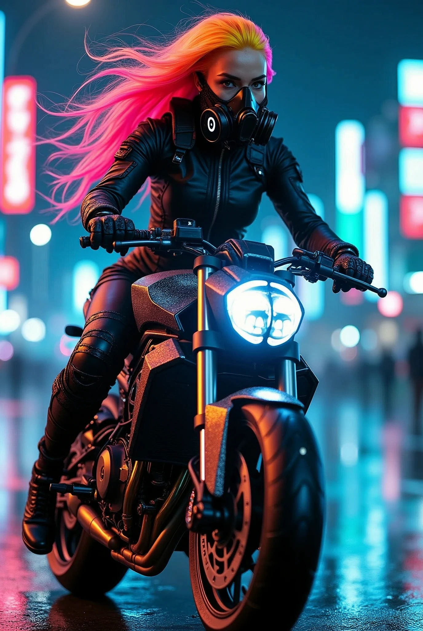 A striking image of a futuristic, cyberpunk warrior riding a high-tech motorcycle through a neon-lit cityscape. The woman is adorned in sleek, black tactical armor that glistens with hints of neon lights, emphasizing her role as a powerful and skilled rider. Her vibrant, multicolored hair flows dramatically, transitioning from hot pink to orange, yellow, green, and blue, adding a vibrant contrast to her dark outfit. She wears a high-tech respirator mask, further enhancing her mysterious and formidable presence. The motorcycle itself is a marvel of technology, with glowing neon accents and a sleek, aerodynamic design, perfectly complementing the cyberpunk aesthetic. The atmosphere is charged with energy, as the neon lights reflect off the wet streets, creating a dynamic and electrifying scene.
(((cyberpunk warrior on futuristic motorcycle))), medium shot, neon lighting, dynamic pose BREAK ((best quality:1.6)), ((high details:1.5)), ((highres:1.5)), ((4K:1.5)), ((vibrant hair:1.3)), ((sleek armor:1.3)) BREAK inspired by the styles of Greg Rutkowski | Josan Gonzalez | Beeple | Masamune Shirow.
