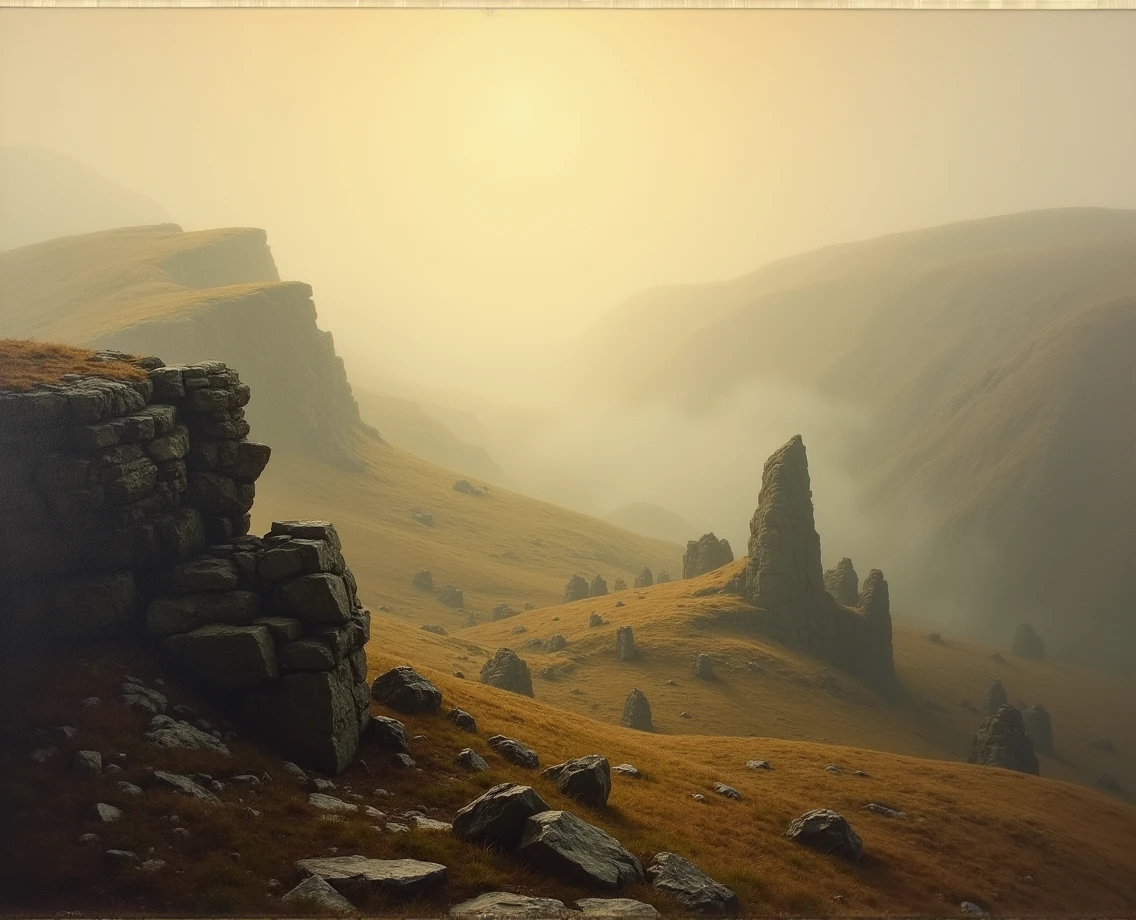 Peak District, stones, rocks, haze, mist, diffusion light, bright golden hour, oil painting , Turner style