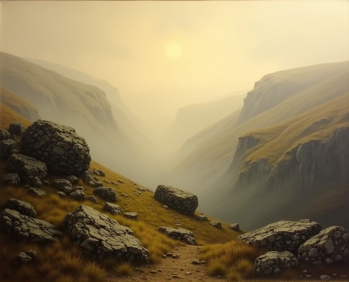 Peak District, stones, rocks, haze, mist, diffusion light, bright golden hour, oil painting , Turner style