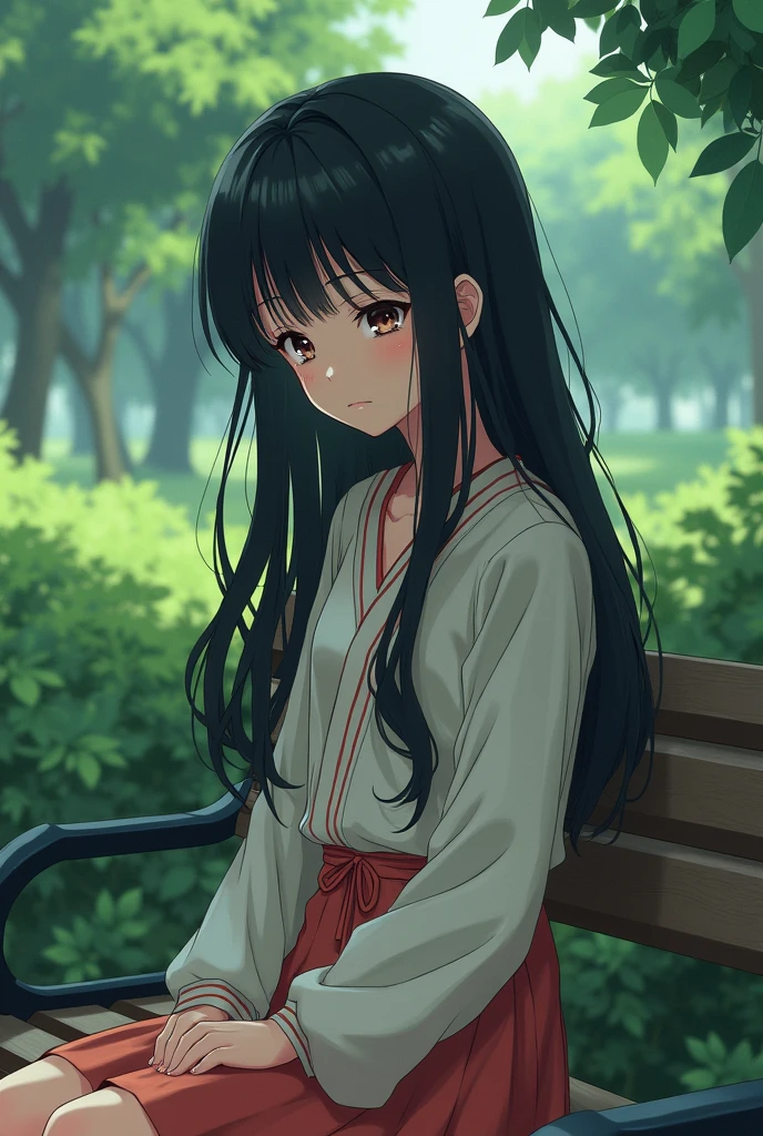 Creat a sad almost crying looks on her face long black hair form side view girl waiting for boy on banch in background make a park type and girls clothes colourful , gils looks little older like 23 age , give a looks like anime form japanese