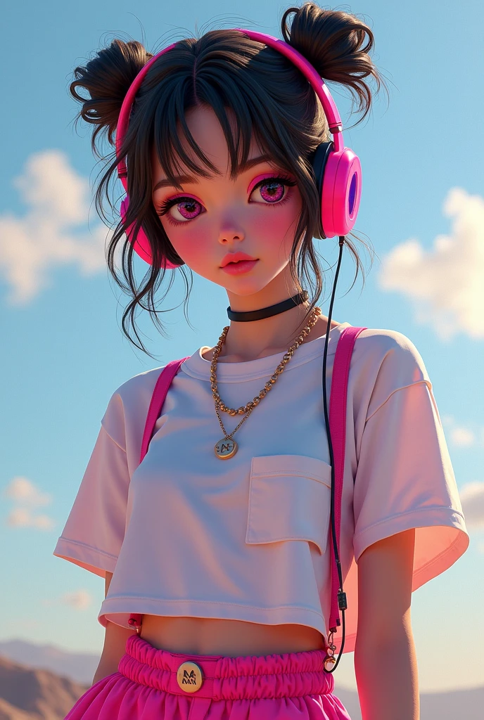 masterpiece, high quality, 4K, Beautiful design, (from the front),Award-winning photo, Very detailed, ((small breasts:1.5)),wonderful, The finer details, absurdes, Very detailed woman,Pink makeup, （Skater Fashion）,(Short length T-shirt),Loose pants style,（Skater Fashion with Headphones）,Hyperrealistic paintings inspired by Yanjun Chen, instagramart, digital art,Pop Makeup Style, ig model | ArtJam,Very beautiful and cute age girl, Surreal Teenface like Ester Exposito,（A rich expression:1.5),