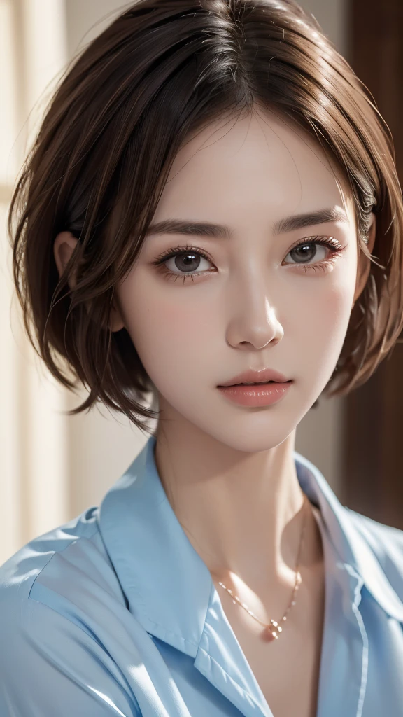 (8k),(RAW Photos),(Highest quality),(masterpiece:1.2),(One woman),(Super beautiful face),(Super detailed),(Slender body),Realistic skin luster,Collared shirt,Very Short Hair,close_up,room