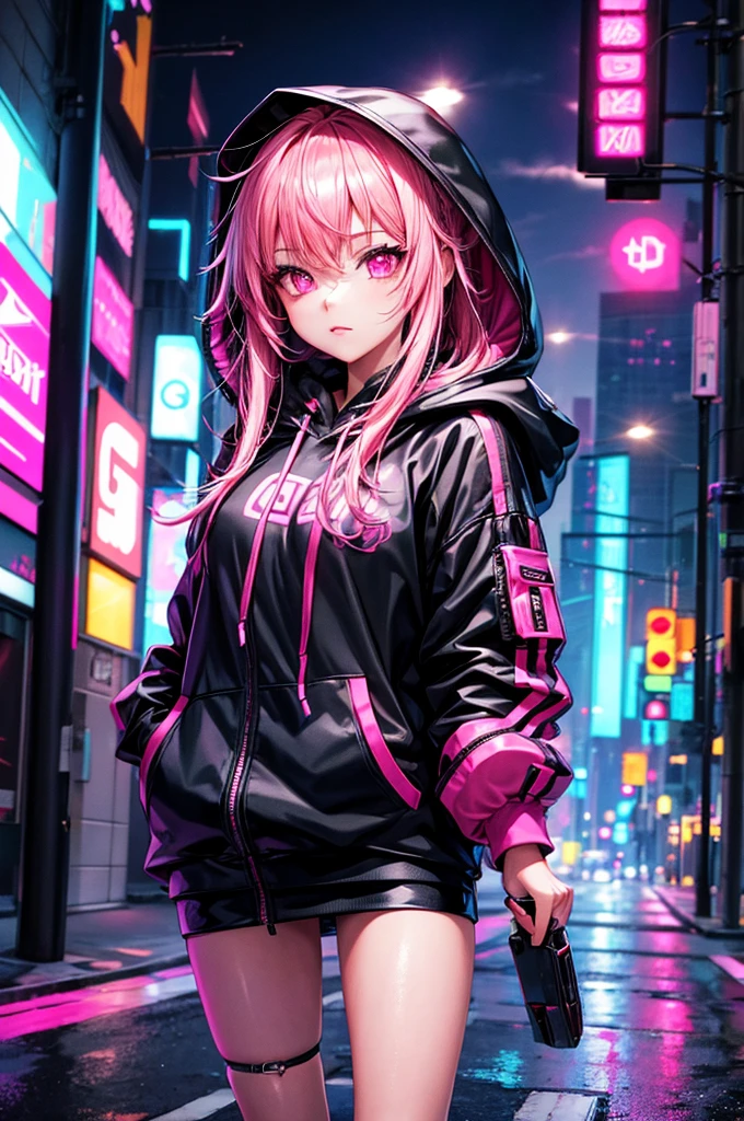 pretty girl, cyberpunk style, hood, neon lights, pink high-tech net clothing , parted lip , pink eyes , lying on a road , opening hoody