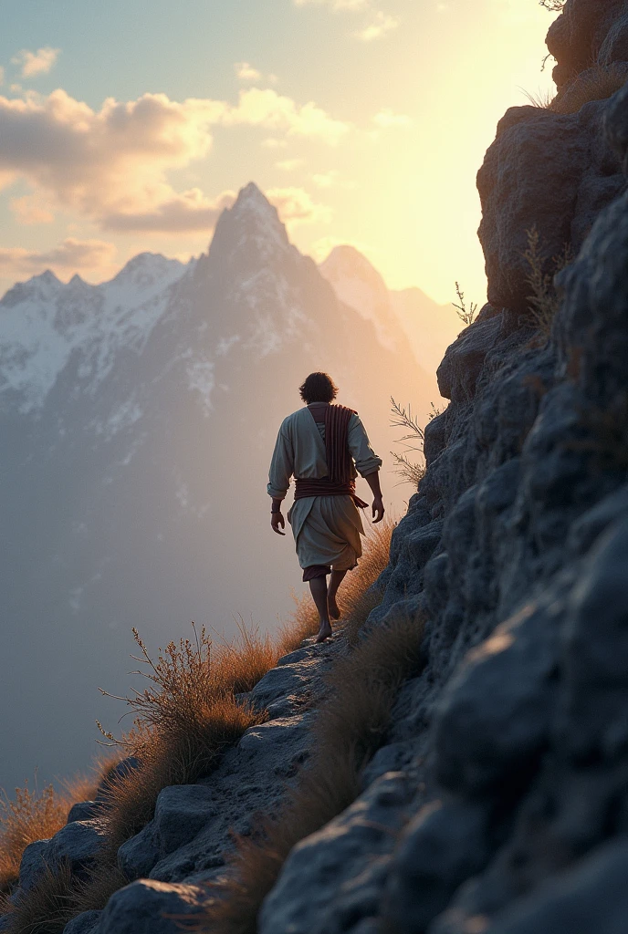 Show Arjun climbing a steep, rocky mountain path in the early morning light in simple traditional clothes. He is determined, yet visibly tired, as he makes his way up. The sky should be just beginning to brighten with the first light of dawn, casting a serene and hopeful atmosphere. The mountain is rugged, with rocks and sparse vegetation, emphasizing the difficulty of the climb.