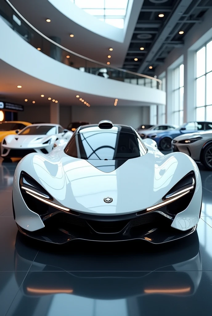 a white car is parked in a showroom with other cars, concept car, cinematic front shot, futuristic concept car, concept automobile design, concept car design, 3 d render of an aston martin, bmw and mercedes concept cars, futuristic car concept, front perspective, luxury hd render, futuristic product car shot, high quality rendering, sports car in the room