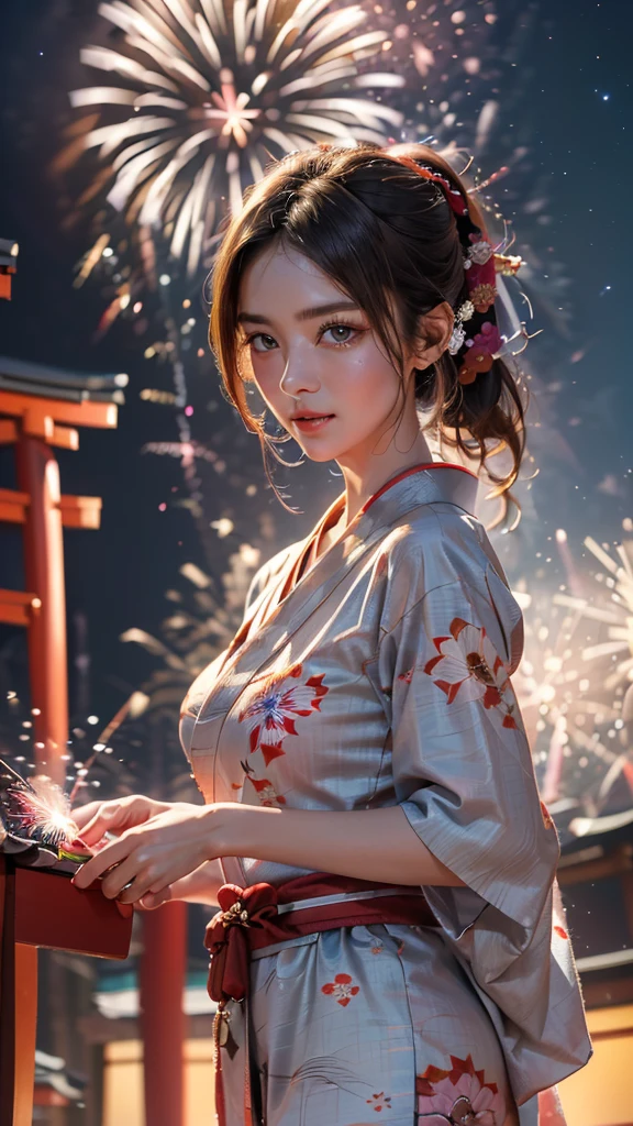 (((HD photo))), ultra high res.photorealistic:. 1.4, UHD, masterpiece, trending on artstation, portrait, (1woman, 43yo) , pretty, cute face, most beautiful in the world, soft, delicate, (brown hair, ponytail), cute breasts, (wearing detailed very elegant floral yukata ), (Japanese traditional summer festival :1.4, fireworks:1.4, at night:2), examination, ((walking with attractive facial expression at camera ) , bare your attractive face), (beautiful romantic night ),((shoot from front))