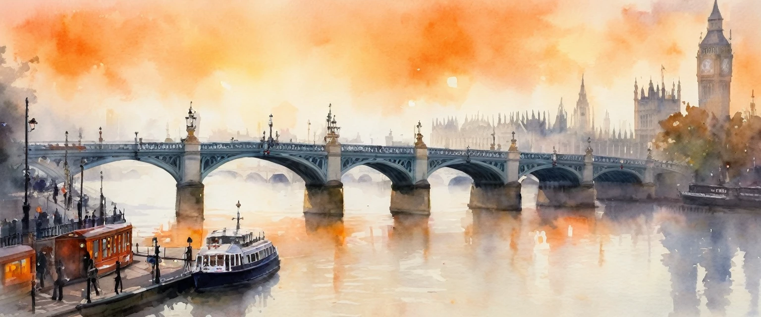 (watercolor), landscape, (fog), London, River Thames, fogの中の船, bridge, , Light blur, Orange streetlights, fogに包まれた街, dim