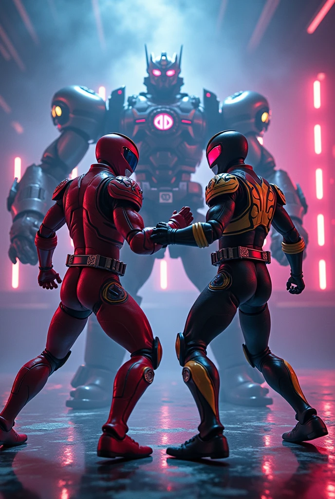 kamen rider,power ranger,wwe wrestling match,on stage,futuristic mecha,neon lighting,dynamic pose,epic action scene,cinematic lighting,highly detailed,photorealistic,8k,hyper realistic,extremely detailed,intricate details,dramatic lighting,cinematic composition,dynamic movement,powerful energy effects,vibrant colors,dramatic shadows,moody atmosphere