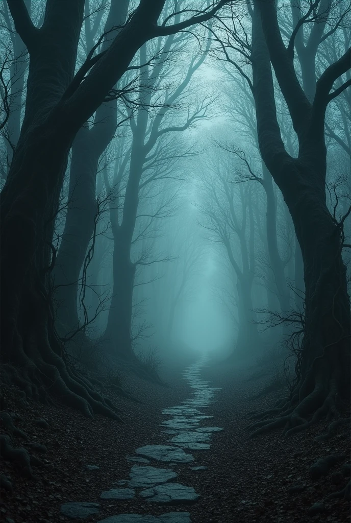 A path leading into the heart of the dark forest, lined with tall, ancient trees whose gnarled branches seem to reach out menacingly. The forest floor is covered in a thick layer of fallen leaves, and a dense fog obscures the distance, making the path ahead unclear. The trees are draped in thick, twisting vines, and the only sound is the soft rustling of leaves in the wind. The atmosphere is eerie, silent, and filled with an almost palpable sense of foreboding.