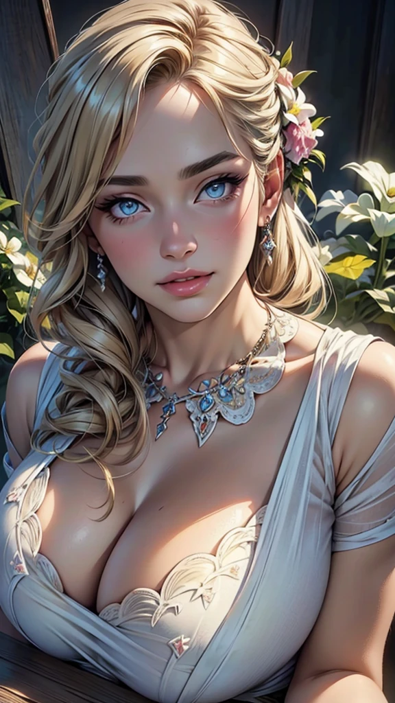 (top quality,4K,8 K,a high resolution,masterpiece:1.2),super detailed,(realistic,photorealistic,photo-realistic:1.37),detailed and beautiful eyes,thick and beautiful lips,very detailed eyes and face,long eyelashes,[USA, bright colors,soft natural light,romantic atmosphere,bright flowers, flowy dress,feminine and elegant pose,Happy and confident look, Haute Couture Style, Dreamy landscapes, Artistic portrait, quality of art printing, oil painting techniques, impressionistic style.