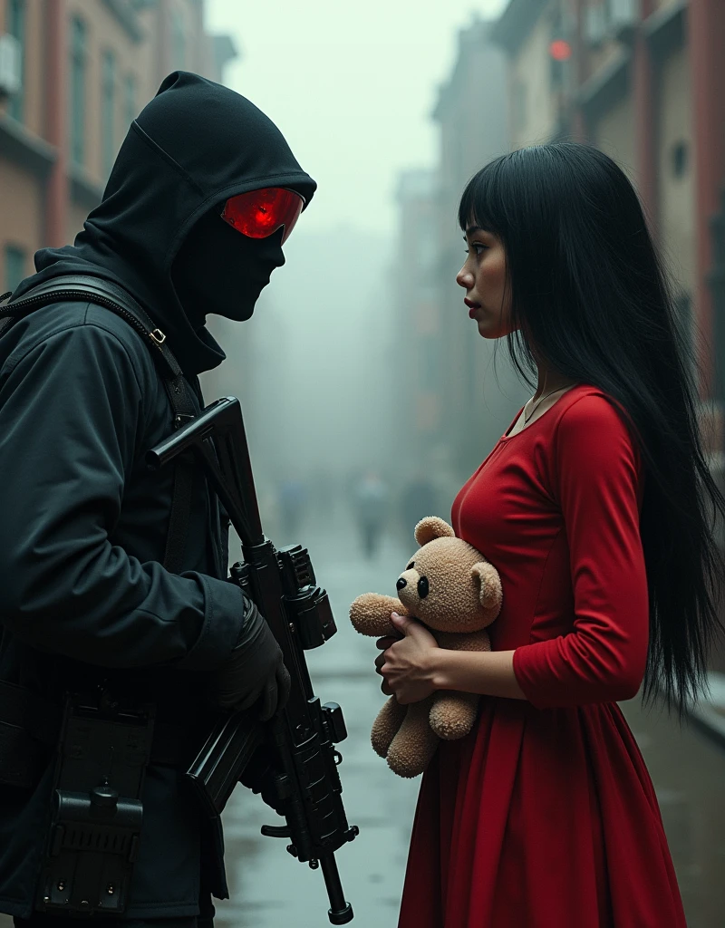 F.E.A.R. operative wearing black tactical balaclava and red googles points with assault rifle at  with tall black hair and red dress holding plush bear. She is standing 2m away from him and her eyes are black.