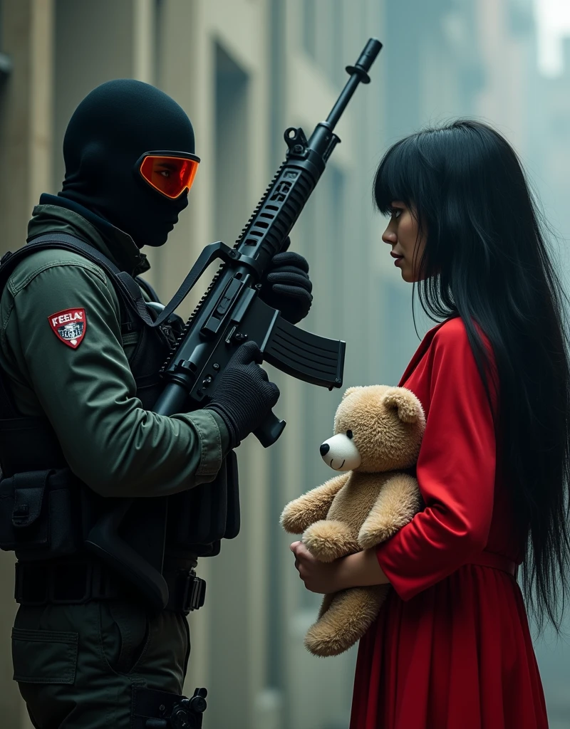 F.E.A.R. operative wearing black tactical balaclava and red googles points with assault rifle at with tall black hair and red dress holding plush bear. She is standing 2m away from him and her eyes are black.