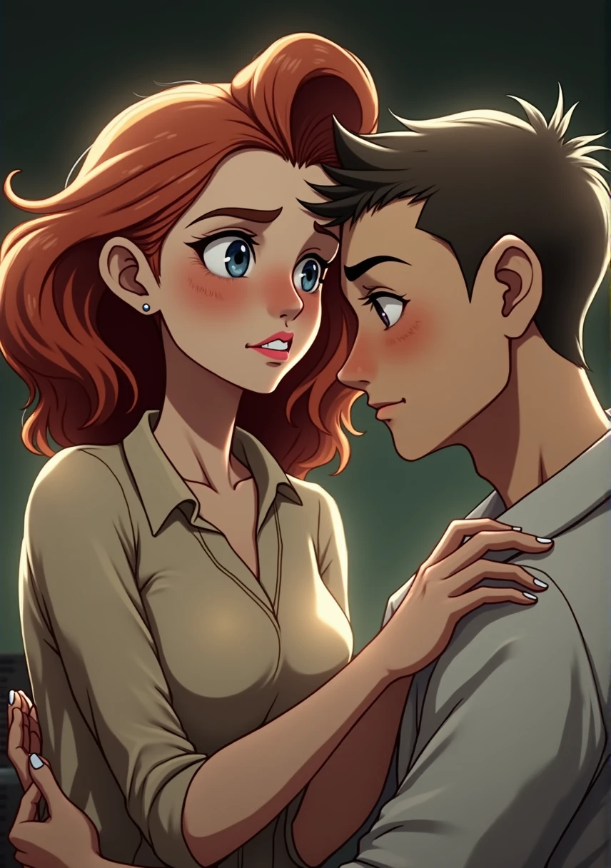 "The wife, now visibly affected by the skin disease, sits beside her husband, who gently holds her hand. Their connection is strong, with no visible difference in their relationship despite her physical changes."
