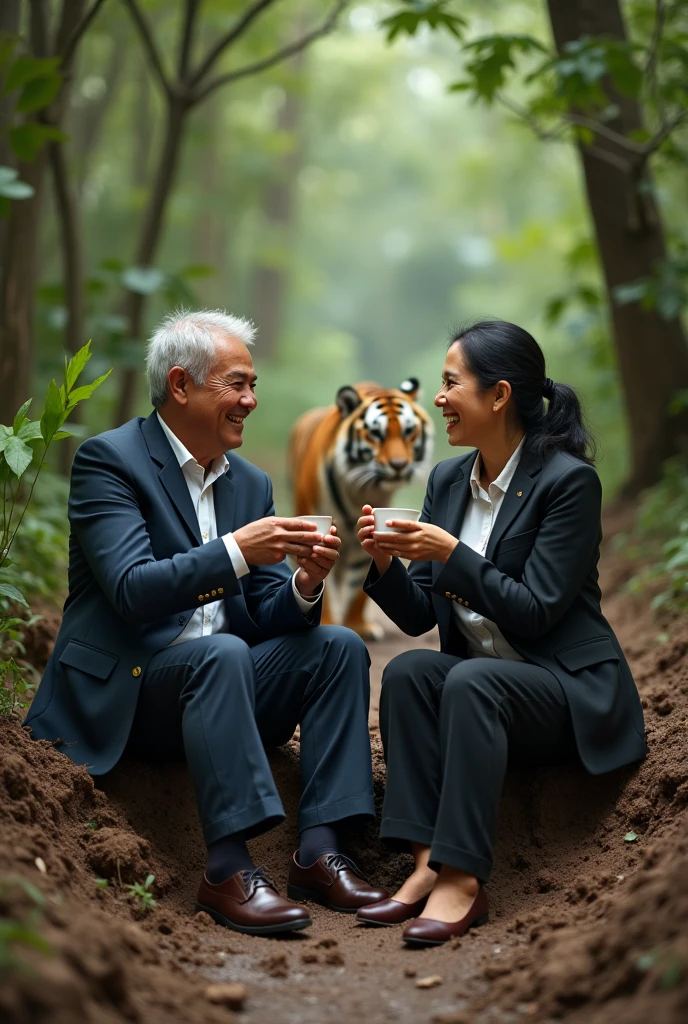 indonesian couple men and women seating in office outfit for drinking coffee in thick and muddy jungle, wear suit, realistic face, detail face, laughing and happy, d men, bright lighting, ultra detail photography, wild animal in background, tiger in background, wild tiger hiding in background, view from in front, ultra detail face, professional lighting setting, drinking coffee with tiger,