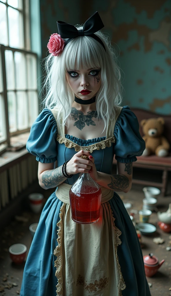 A hauntingly beautiful and dark interpretation of Alice in Wonderland, featuring a gothic version of Alice in a tattered blue dress with a worn apron that reads "Curious?" She stands in an eerie, abandoned room with broken windows and decaying furniture, holding a large glass bottle filled with a mysterious red liquid. Her pale, porcelain-like complexion contrasts with her voluminous, silver hair, adorned with a black ribbon and a single pink rose. Her makeup is bold, with dark eyeshadow and dramatic, blood-red lips, and her expression is both curious and sinister. Tattoos peek out from her sleeves, adding a modern twist to the classic character. The setting is filled with remnants of a forgotten tea party, with chipped cups and a weathered teddy bear adding to the atmosphere of decay and mystery.
(((dark fantasy portrait))), medium shot, soft eerie lighting, dilapidated background BREAK ((best quality:1.6)), ((high details:1.5)), ((highres:1.5)), ((4K:1.5)), ((gothic elements:1.3)), ((haunting atmosphere:1.3)) BREAK inspired by the styles of Tim Burton | Loish | Pascal Blanche | Greg Rutkowski.