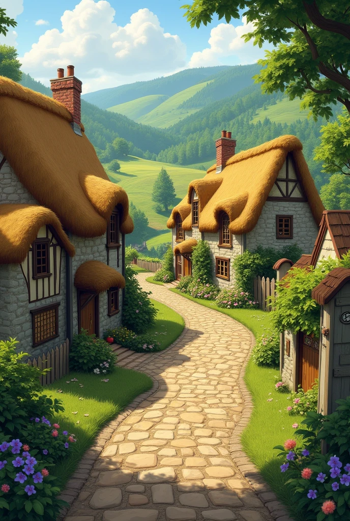 Picturesque Countryside with road, cobblestone and thatched cottages 
