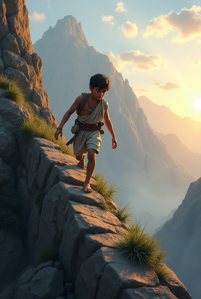 Show Arjun a young boy climbing a steep, rocky mountain path in the early morning light in simple traditional clothes. He is determined, yet visibly tired, as he makes his way up. The sky should be just beginning to brighten with the first light of dawn, casting a serene and hopeful atmosphere. The mountain is rugged, with rocks and sparse vegetation, emphasizing the difficulty of the climb.