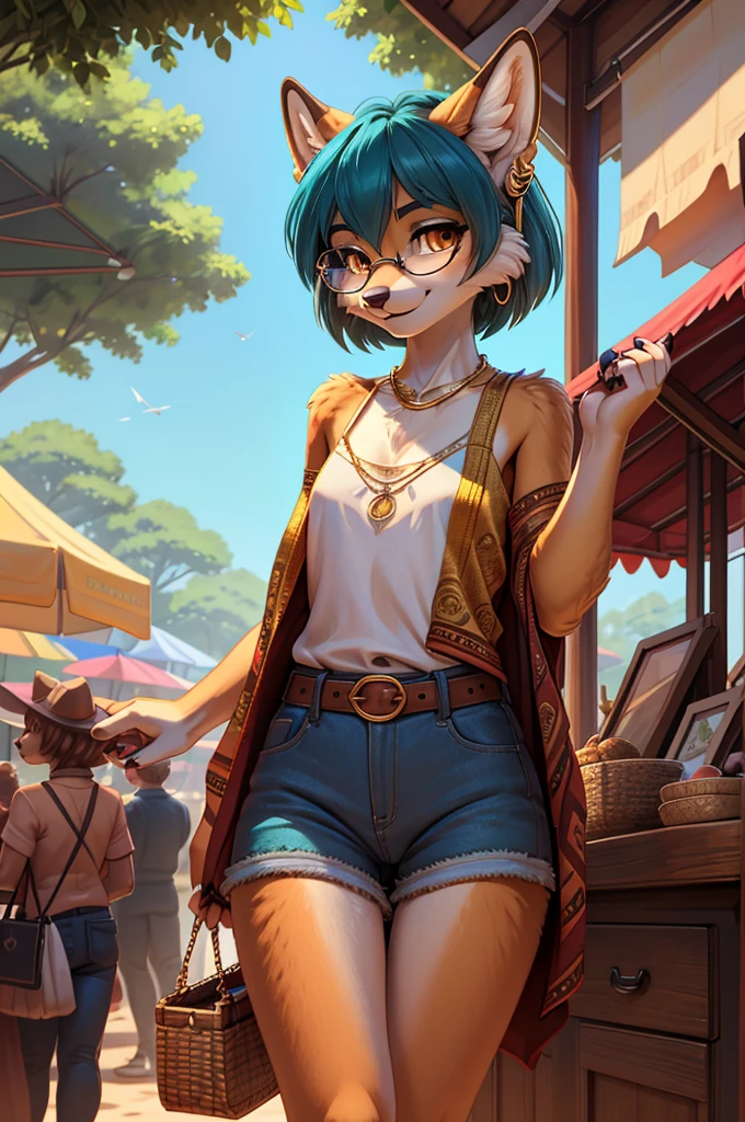 A beautiful, (masterpiece), high quality, perfect lighting, highly detailed CG Unity 8k wallpaper, high resolution, perfect lighting, youthful, adolescent, slim, skinny, frail slender figure, distinctly feminine figure, narrow hips, close-up shot, detailed face, medium plump breasts, thigh gap, Species: Red fox
Hair: Vibrant teal blue, wavy shoulder-length bob with side-swept bangs, slightly tousled texture
Eyes: Striking amber eyes with subtle gold flecks
Fur: Primarily russet orange fur with white underbelly, black ear tips and paws, and a unique swirling pattern of darker orange fur across her cheeks and forehead
Clothes: Vintage-inspired outfit consisting of a fitted mustard yellow cropped cardigan over a white lace-trimmed camisole, high-waisted wide-leg indigo denim culottes, and a thin brown leather belt with a brass buckle
Accessories: Round tortoiseshell glasses perched on her nose, multiple small gold hoop earrings along each ear, a delicate gold chain necklace with a tiny acorn pendant, and a woven straw handbag with leather straps slung over one shoulder
Pose: Slightly tilted head, one paw raised to adjust her glasses
Expression: Curious and attentive, with a hint of a smile playing at the corners of her mouth
Activity: Browsing through a quaint open-air flea market
Background: A bustling outdoor marketplace with soft-focus stalls of antiques and curios visible behind her, dappled sunlight filtering through trees overhead