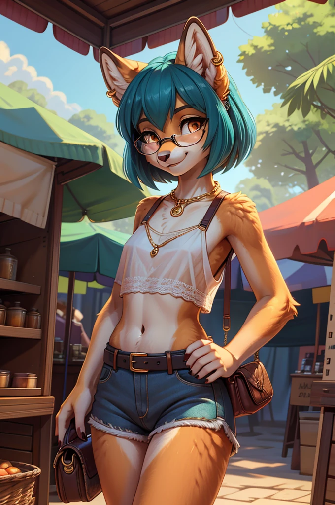 A beautiful, (masterpiece), high quality, perfect lighting, highly detailed CG Unity 8k wallpaper, high resolution, perfect lighting, youthful, adolescent, slim, skinny, frail slender figure, distinctly feminine figure, narrow hips, close-up shot, detailed face, medium plump breasts, thigh gap, Species: Red fox
Hair: Vibrant teal blue, wavy shoulder-length bob with side-swept bangs, slightly tousled texture
Eyes: Striking amber eyes with subtle gold flecks
Fur: Primarily russet orange fur with white underbelly, black ear tips and paws, and a unique swirling pattern of darker orange fur across her cheeks and forehead
Clothes: Vintage-inspired outfit consisting of a fitted mustard yellow cropped cardigan over a white lace-trimmed camisole, high-waisted wide-leg indigo denim culottes, and a thin brown leather belt with a brass buckle
Accessories: Round tortoiseshell glasses perched on her nose, multiple small gold hoop earrings along each ear, a delicate gold chain necklace with a tiny acorn pendant, and a woven straw handbag with leather straps slung over one shoulder
Pose: Slightly tilted head, one paw raised to adjust her glasses
Expression: Curious and attentive, with a hint of a smile playing at the corners of her mouth
Activity: Browsing through a quaint open-air flea market
Background: A bustling outdoor marketplace with soft-focus stalls of antiques and curios visible behind her, dappled sunlight filtering through trees overhead