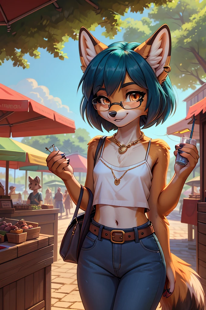 A beautiful, (masterpiece), high quality, perfect lighting, highly detailed CG Unity 8k wallpaper, high resolution, perfect lighting, youthful, adolescent, slim, skinny, frail slender figure, distinctly feminine figure, narrow hips, close-up shot, detailed face, medium plump breasts, thigh gap, Species: Red fox
Hair: Vibrant teal blue, wavy shoulder-length bob with side-swept bangs, slightly tousled texture
Eyes: Striking amber eyes with subtle gold flecks
Fur: Primarily russet orange fur with white underbelly, black ear tips and paws, and a unique swirling pattern of darker orange fur across her cheeks and forehead
Clothes: Vintage-inspired outfit consisting of a fitted mustard yellow cropped cardigan over a white lace-trimmed camisole, high-waisted wide-leg indigo denim culottes, and a thin brown leather belt with a brass buckle
Accessories: Round tortoiseshell glasses perched on her nose, multiple small gold hoop earrings along each ear, a delicate gold chain necklace with a tiny acorn pendant, and a woven straw handbag with leather straps slung over one shoulder
Pose: Slightly tilted head, one paw raised to adjust her glasses
Expression: Curious and attentive, with a hint of a smile playing at the corners of her mouth
Activity: Browsing through a quaint open-air flea market
Background: A bustling outdoor marketplace with soft-focus stalls of antiques and curios visible behind her, dappled sunlight filtering through trees overhead