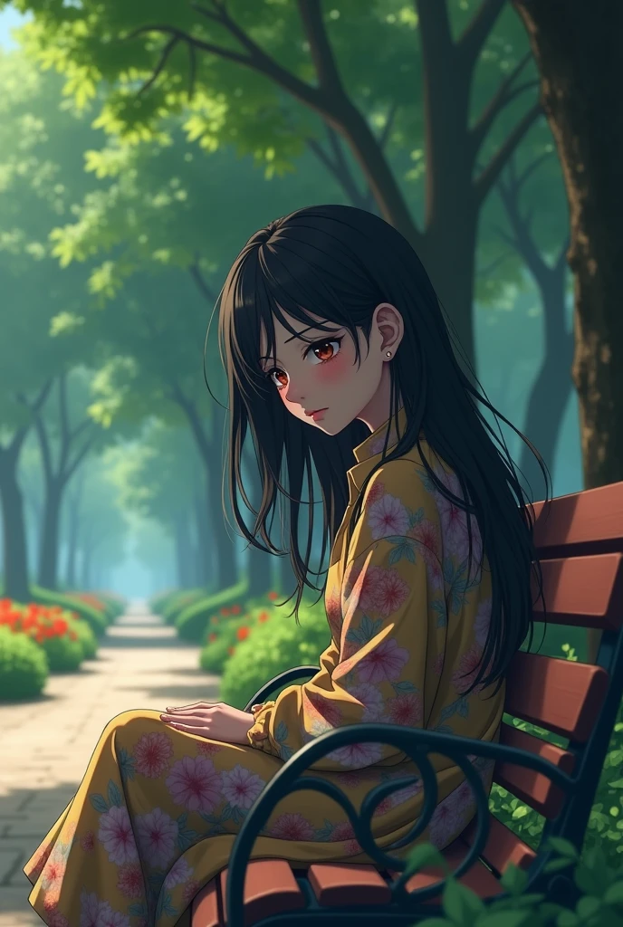 Creat a sad almost crying looks on her face long black hair form side view  girl waiting for boy on banch  in background make a park type and girls clothes colourful , gils looks little older like 27 age , give a looks like anime form japanese 