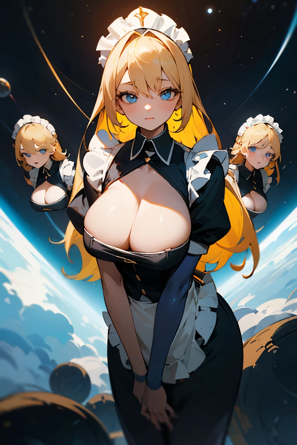 Masterpiece, 4girls, each dressed as a maid. The maids are wearing identical uniforms, beauty and cute, high detailed, dinamic lighting, vivid colours, ultra large saggy breasts, massive cleavage exposed, A giant spacecraft navigating interstellar space, Sophisticated design, huge geometric figures stacked in layers,standing, white skin, blue eyeballs, blonde hair, happys, various hair styles, harem, perfect eye, perfect face, Symmetrical eyes, well-aligned, with a natural and proportionate gaze, Observing their master with a servile gaze.