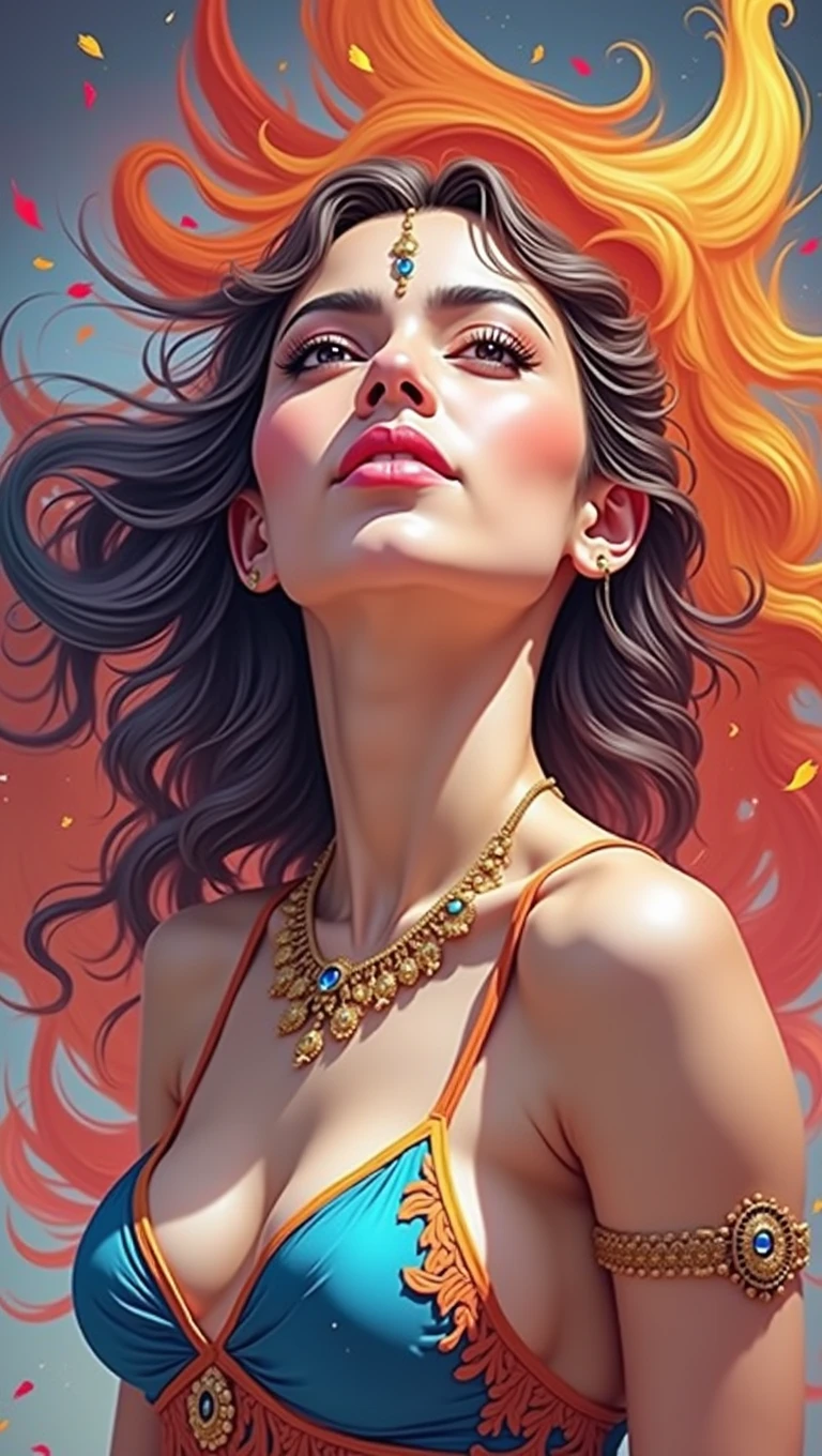 Create a similar image as per the image prompt indian Independence Day team with a very very large boobs, which has to be appealing and highlights. Also, a Indian flag in the background