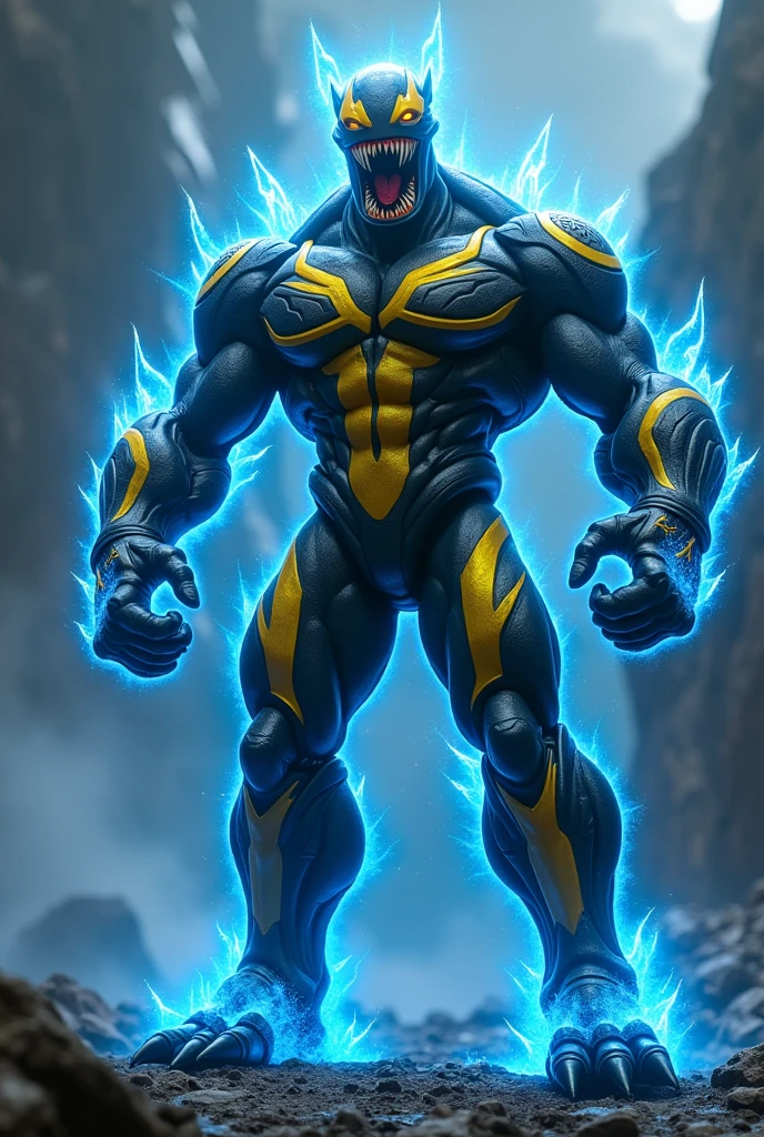 a monstrous humanoid figure,venom symbiote,ultraman,glowing blue energy,black and yellow armor,menacing expression,dynamic pose,dramatic lighting,cinematic angle,highly detailed,photorealistic,8k,masterpiece
