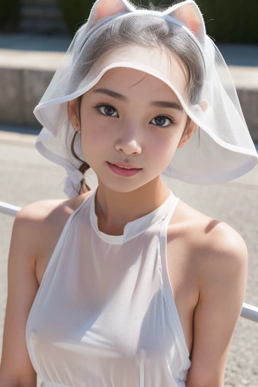 (8k),(masterpiece),(High resolution),(Realistic:1.4),Japanese,(),Childish:1.3,((Innocent look)),Pure,from the front,smile,((cute)),((超cute)),Innocent,Kind eyes,((Double Eyes)),(Dark Eyes),Beautiful eye and skin details,(Realistic skin texture:1.3),(((High nose:1.3))),White camisole dress,Her clothes are transparent and her skin is visible,(Clothes are see-through and nipples are visible),Turning,((Embarrassing:1.5)),((shy:1.5)),Child's body shape:1.5,((thin)),summer,noon,bright,,(((Flat Chest:1.5)))