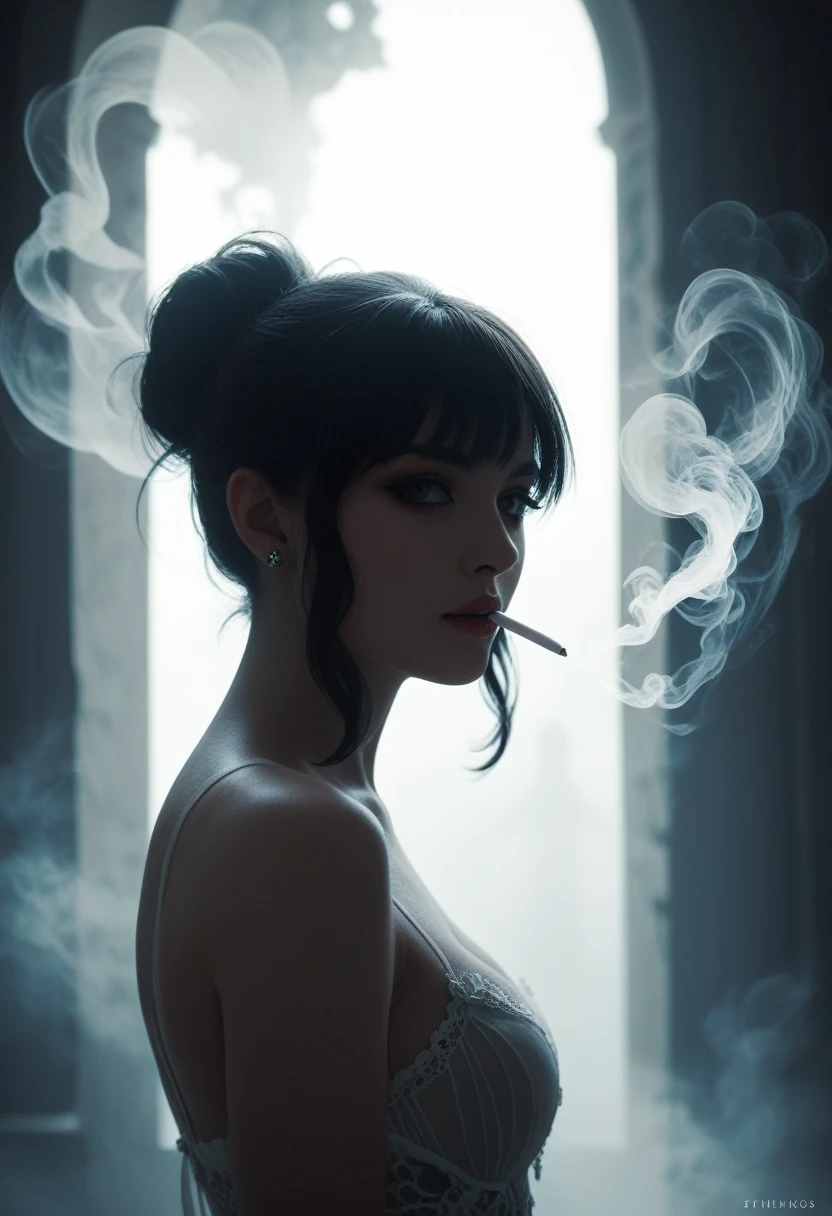 Made entirely of light and shadow，No physical form。The shape of the woman was created by varying the lightness and darkness of the smoke，There is an illusory and mysterious beauty。
