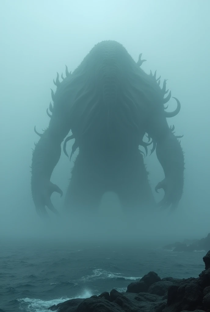 The monster of Cthulhu, completely obscured by thick fog over the sea