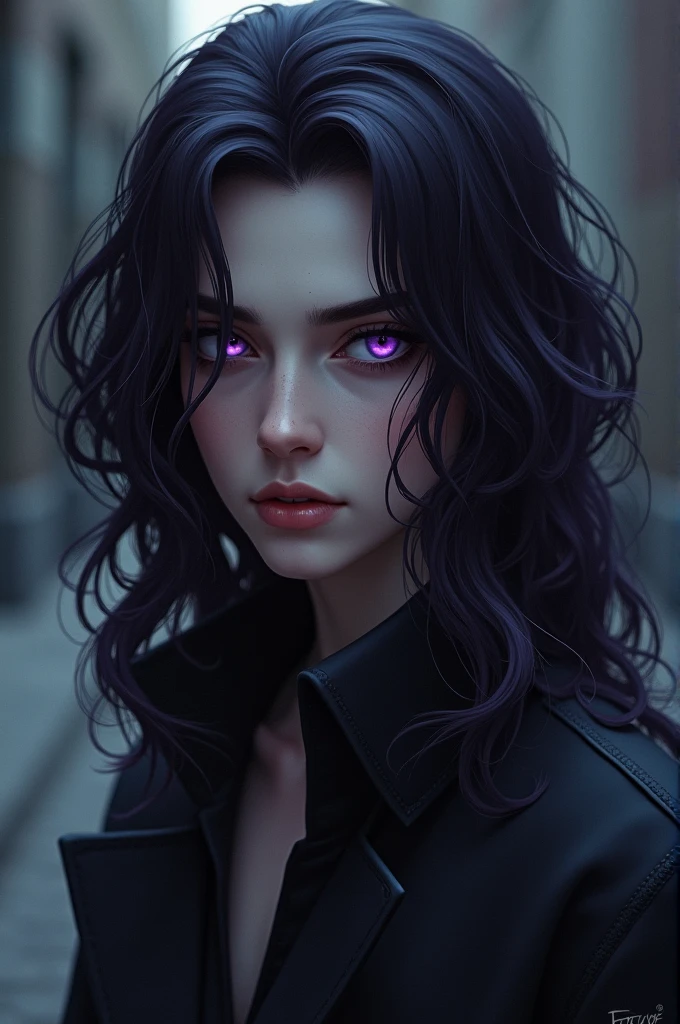 blackish purple hair is long and wavy like blonde, blackish purple eyes, has a mole near his chin