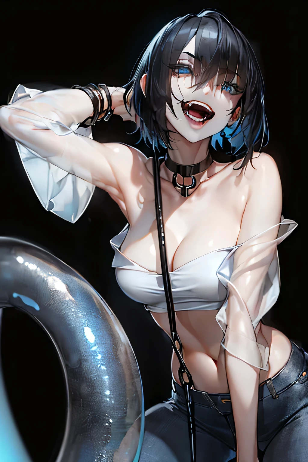 (best quality,very detailed,high resolution:1.2) Delicate Face Portrayal , woman with a perfect face , light blue eyes, Psycho laugh , Black bob , Poor posture , Blue tube top , long jeans , black choker , Scary Backgrounds