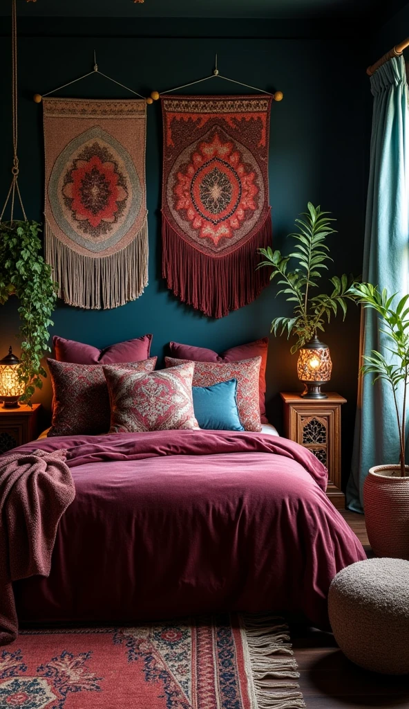 A moody bedroom with deep navy walls, wine-colored velvet duvet, large handwoven tribal wall hanging, carved wooden side tables, layered textiles, moroccan lanterns, trailing plants, dark wood floors, rich jewel tones, ambient lighting, bohemian luxury, interior design photography