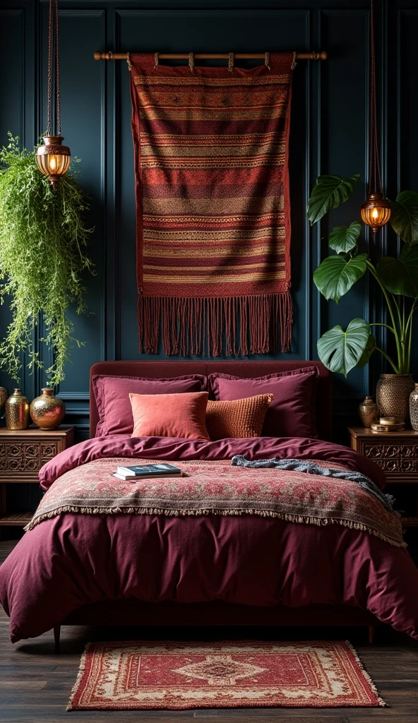 A moody bedroom with deep navy walls, wine-colored velvet duvet, large handwoven tribal wall hanging, carved wooden side tables, layered textiles, moroccan lanterns, trailing plants, dark wood floors, rich jewel tones, ambient lighting, bohemian luxury, interior design photography