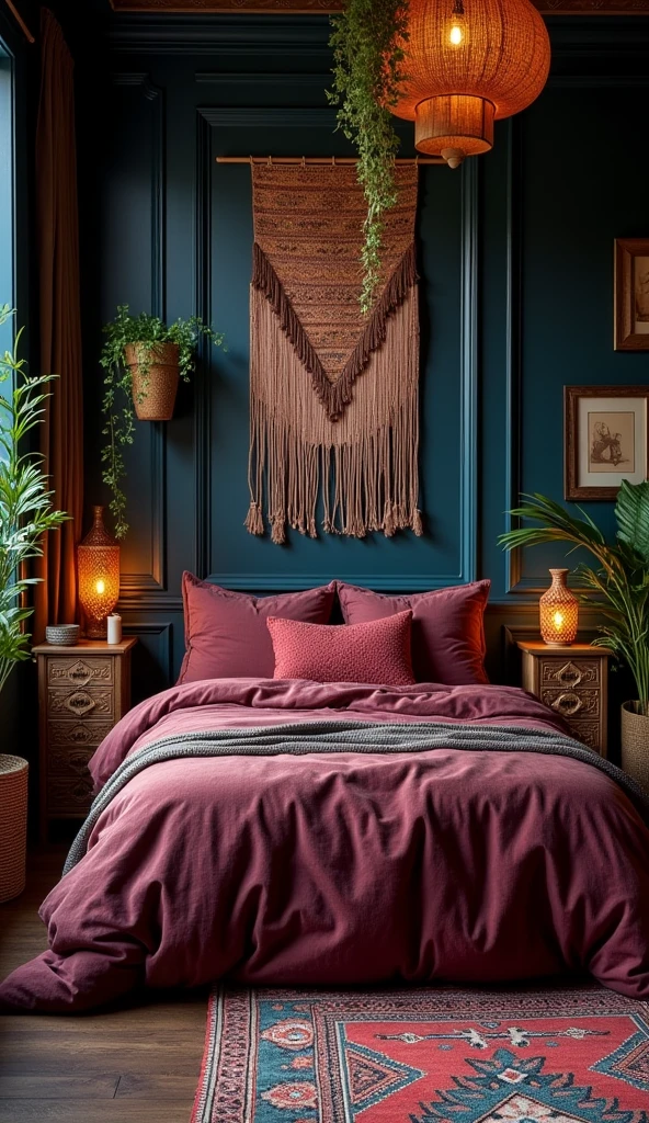 A moody bedroom with deep navy walls, wine-colored velvet duvet, large handwoven tribal wall hanging, carved wooden side tables, layered textiles, moroccan lanterns, trailing plants, dark wood floors, rich jewel tones, ambient lighting, bohemian luxury, interior design photography