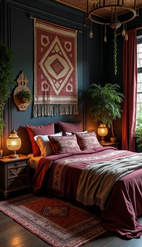 A moody bedroom with deep navy walls, wine-colored velvet duvet, large handwoven tribal wall hanging, carved wooden side tables, layered textiles, moroccan lanterns, trailing plants, dark wood floors, rich jewel tones, ambient lighting, bohemian luxury, interior design photography