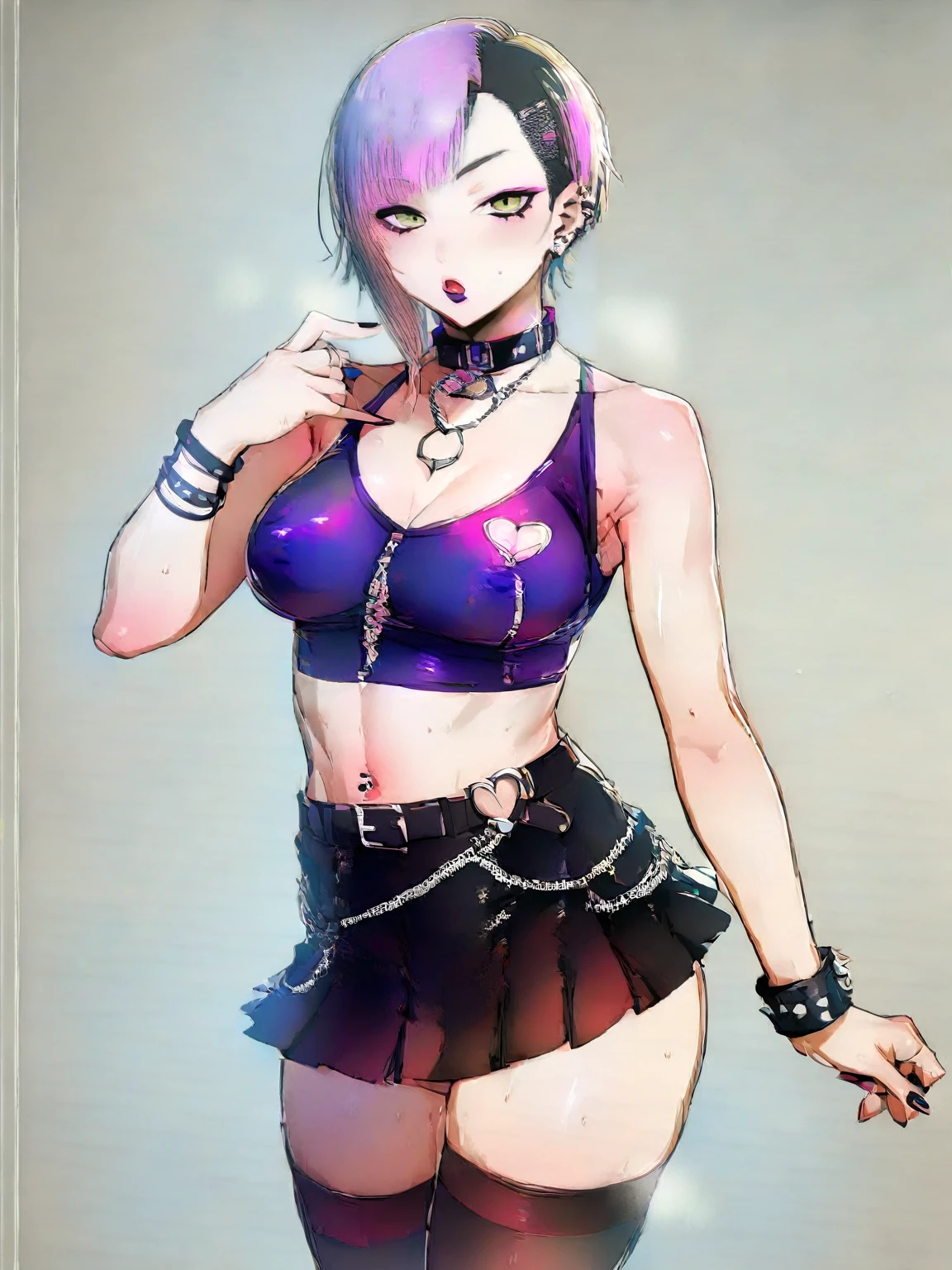source_anime, rating_explicit, score_9, score_8_up, score_7_up, black_hair, goth, gothic, short_hair, looking at viewer, crop top, skirt, thighhighs, black clotges, goth girl, ikuchan, solo, , clothed, gyaru fashion, ((cum on stomach)) short black hair