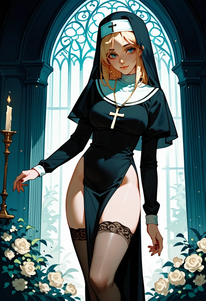 nun,Wearing sheer stockings as an inner wear