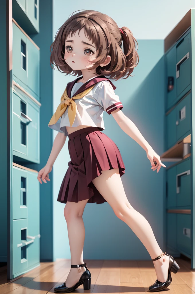 masterpiece, Highest quality, Official Art, 8k wallpaper, Very detailed, shape, A small, cute one, Brown Hair, Wide Hips, Big Ass, Round ass, Wearing high heels, Tight pencil skirt, Sailor Top,  Are standing, From the side, From below, surprised.underwear