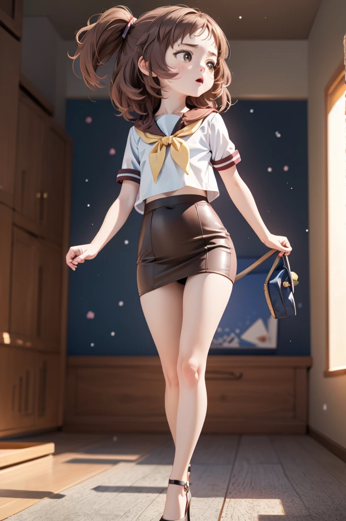 masterpiece, Highest quality, Official Art, 8k wallpaper, Very detailed, shape, A small, cute one, Brown Hair, Wide Hips, Big Ass, Round ass, Wearing high heels, Tight pencil skirt, Sailor Top,  Are standing, From the side, From below, surprised.underwear