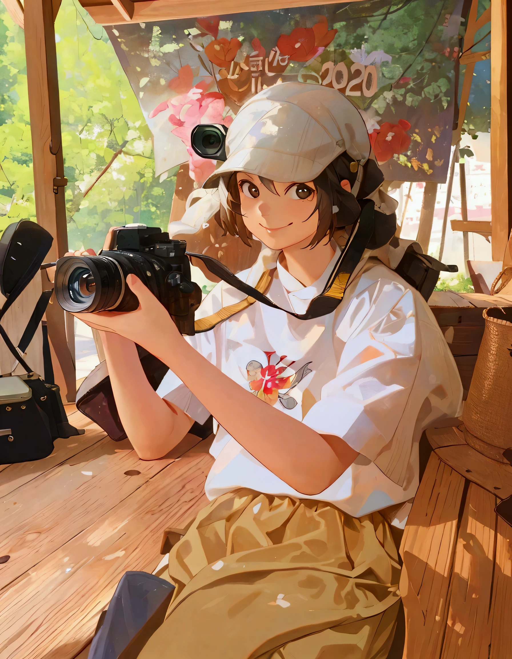 there is a woman sitting on a wooden bench holding a camera, while smiling for a photograph, looking the camera, looking to the camera, photography, looking to camera, looking at the camera, smiling at the camera, looks at the camera, photo portrait, photo taken in 2 0 2 0, national geographic photo shoot, smiling for the camera
